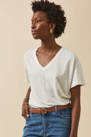Women's linen and viscose T-shirt with V-neckline
