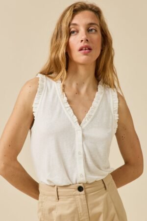 Women's sleeveless linen and viscose top with button front