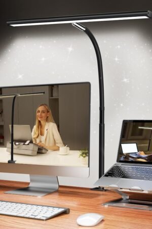 LED Desk Lamp for Office Home, Eye-Caring Desk Light with Stepless Dimming Adjustable Flexible Gooseneck, 10W USB Adapter Desk Lamp with Clamp for Reading, Study, Workbench (Black)