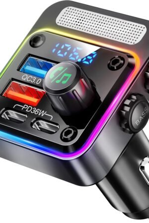 54W Bluetooth 5.3 Car Adapter Charger 4-Port Fast Charging [PD36W & QC3.0 18W], Wireless Radio FM Transmitter with Deep Bass Player, 5 Colors LED Backlit, Hands-Free Calling, Support USB Drive