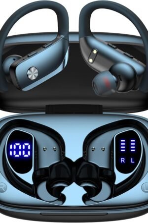 Ear Buds Wireless Earbuds Bluetooth Headphones with 80H Playtime LED Display Case, Over-Ear Hook with Mic, Stereo Sound, Easy Button Controls, Sports Earphones for Running Workout Gym Black