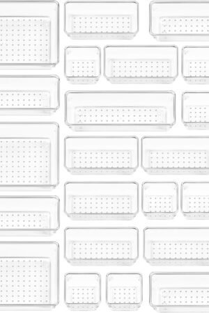 25 PCS Clear Plastic Drawer Organizers Set, 4-Size Versatile Bathroom and Vanity Drawer Organizer Trays, Storage Bins for Makeup, Bedroom, Kitchen Gadgets Utensils and Office