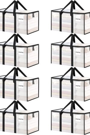 8 Pack Extra Large Heavy Duty Moving Bags, Clear Storage Bins with Lids, Reinforced Handles & Heavy-Duty Zippers Moving Boxes Storage Bags Totes for Clothes Packing, Dorms, College Supplies, Clear
