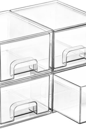 4 Pack Small Clear Stackable Storage Drawers,Acrylic Bathroom Makeup Organizer,Plastic Storage Bins For Vanity, Undersink, Kitchen Cabinets, Pantry, Home Organization
