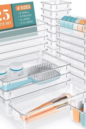 25 PCS Clear Plastic Drawer Organizer Set, 4 Sizes Desk Drawer Divider Organizers and Storage Bins for Makeup, Jewelry, Gadgets for Kitchen, Bedroom, Bathroom, Office
