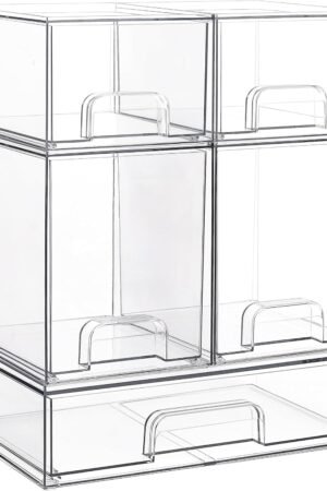 Stackable Storage Drawers Set of 5, Clear Plastic Organizer Bins for Baby Bottle, Beauty Supplies Storage, Ideal for Kichen Countertop, Vanity, Bathroom, Cabinet, Pantry Organization