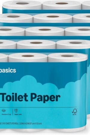 Basics 2-Ply Soft Toilet Paper, 30 Rolls (5 Packs of 6), 350 Sheets per Roll, Septic Safe, Equivalent to 185 Regular Rolls