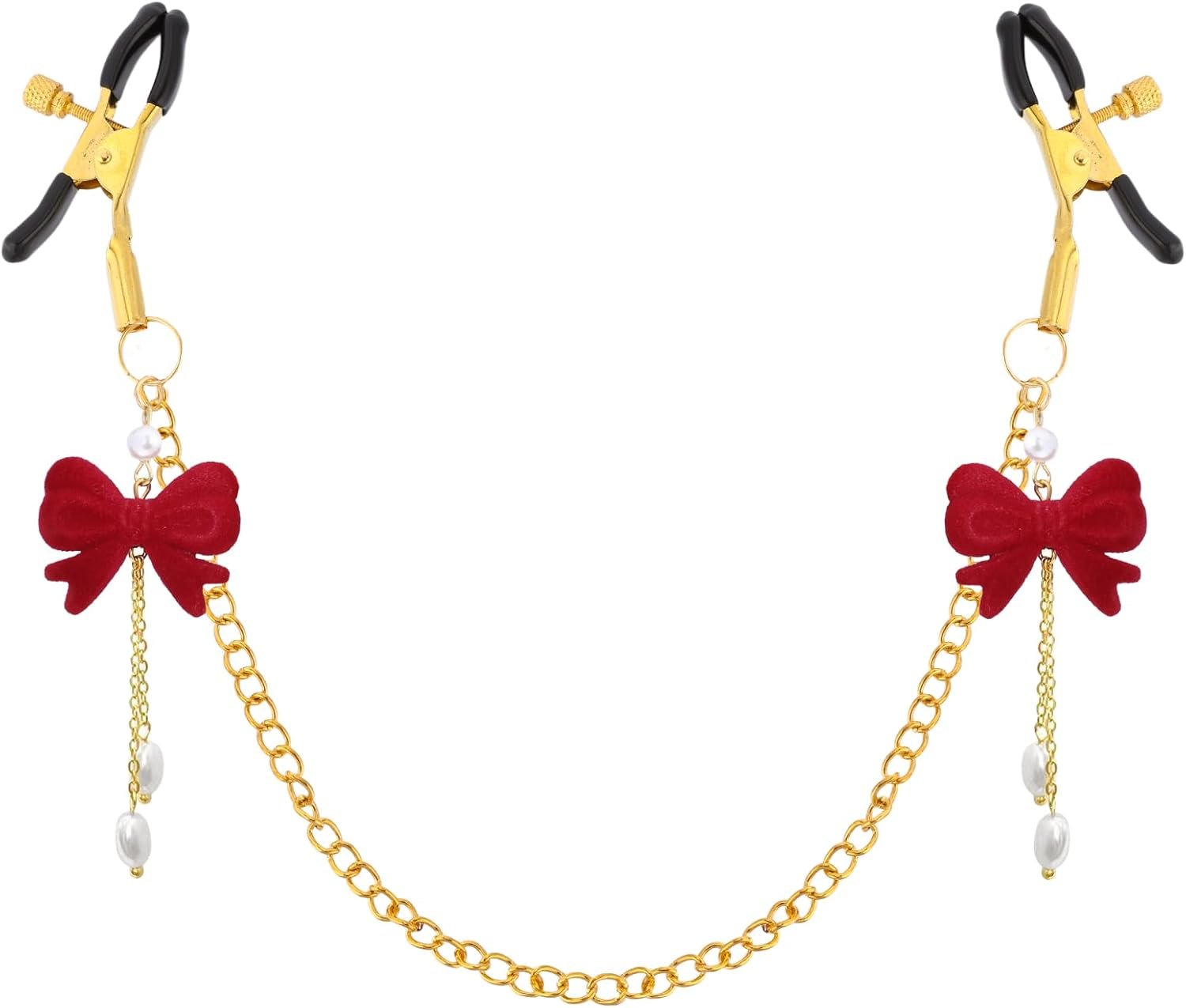 Red Bow Body Clamp with Chain - Adjustable Nipple Clips for Women Play Body Clamp Sensory Adult Toys Non-Piercing Metal Body Clips with Gold Chain Bedtime Play Couples Gift