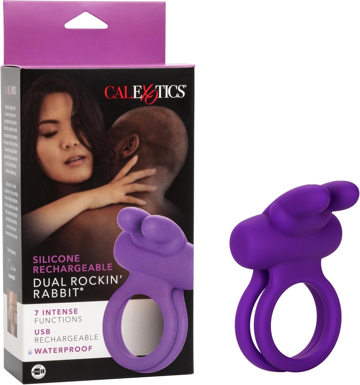 CalExotics Silicone Rechargeable Dual Rockin’ Rabbit Enhancer, Vibrating Cock Ring for Couple Adult Sex Toy Purple