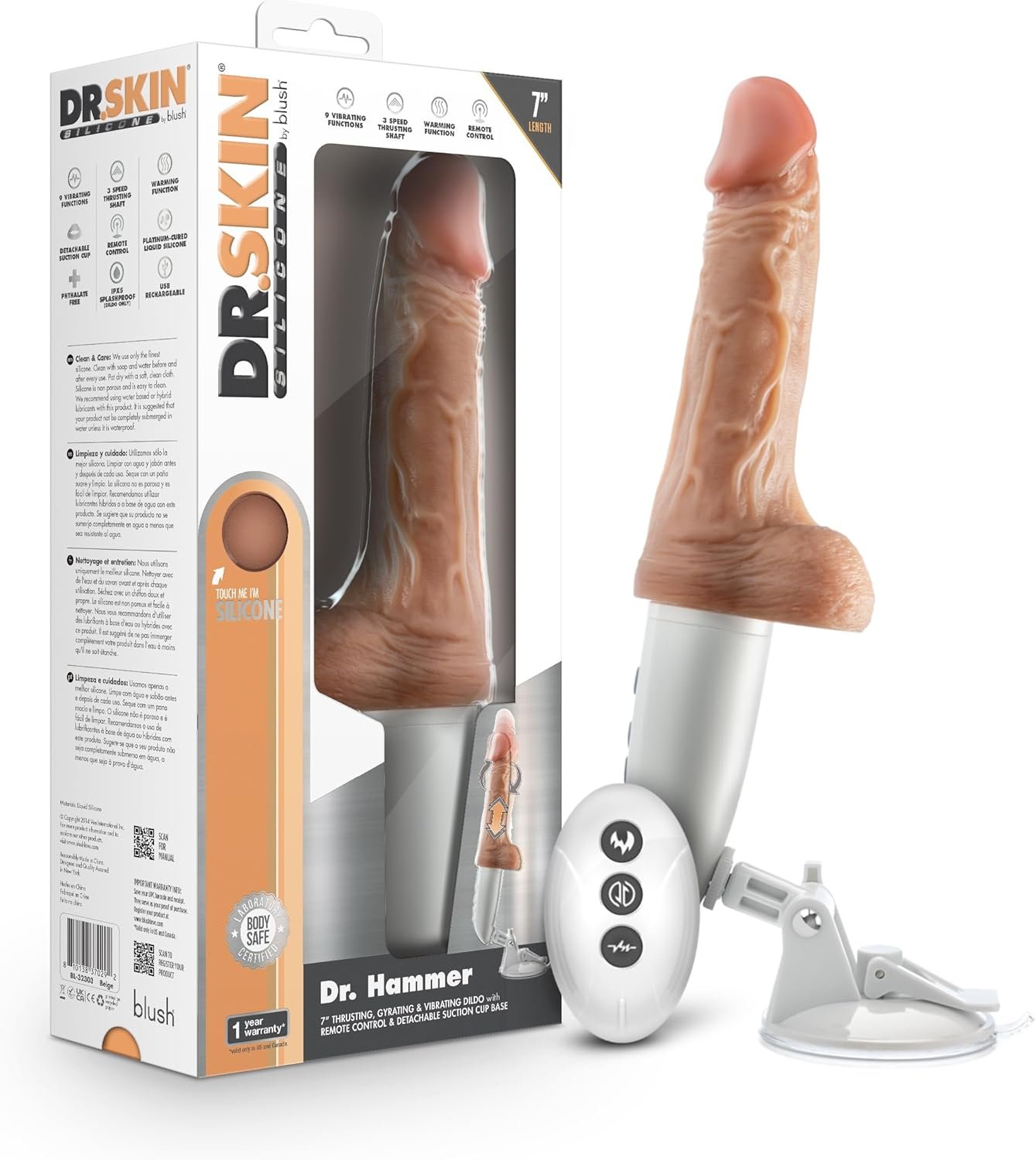 Blush Dr. Skin - Dr. Hammer 7” Vibrating & Thrusting Dildo - 9 Modes, 3 Speeds, Remote Controlled, Warming Liquid Silicone, Suction Cup Base, USB Rechargeable, Realistic Adult Sex Toy Penis - (Beige)