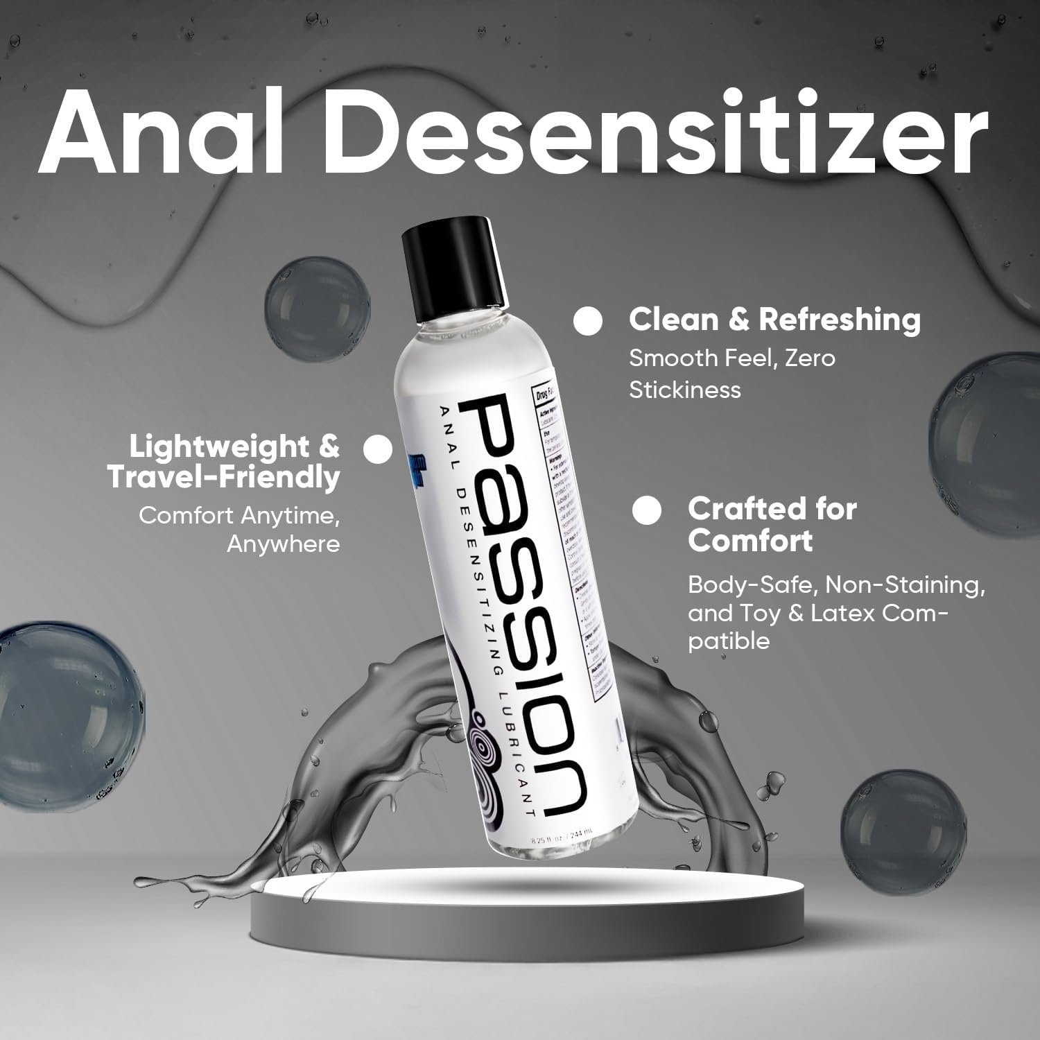 Passion Anal Desensitizing Lube, 8.25 Fl Oz - Maximum StrengthNatural Water-Based Lubricant for Comfortable Use, Long-Lasting Formula, Non-Staining & Easy to Clean - Image 7