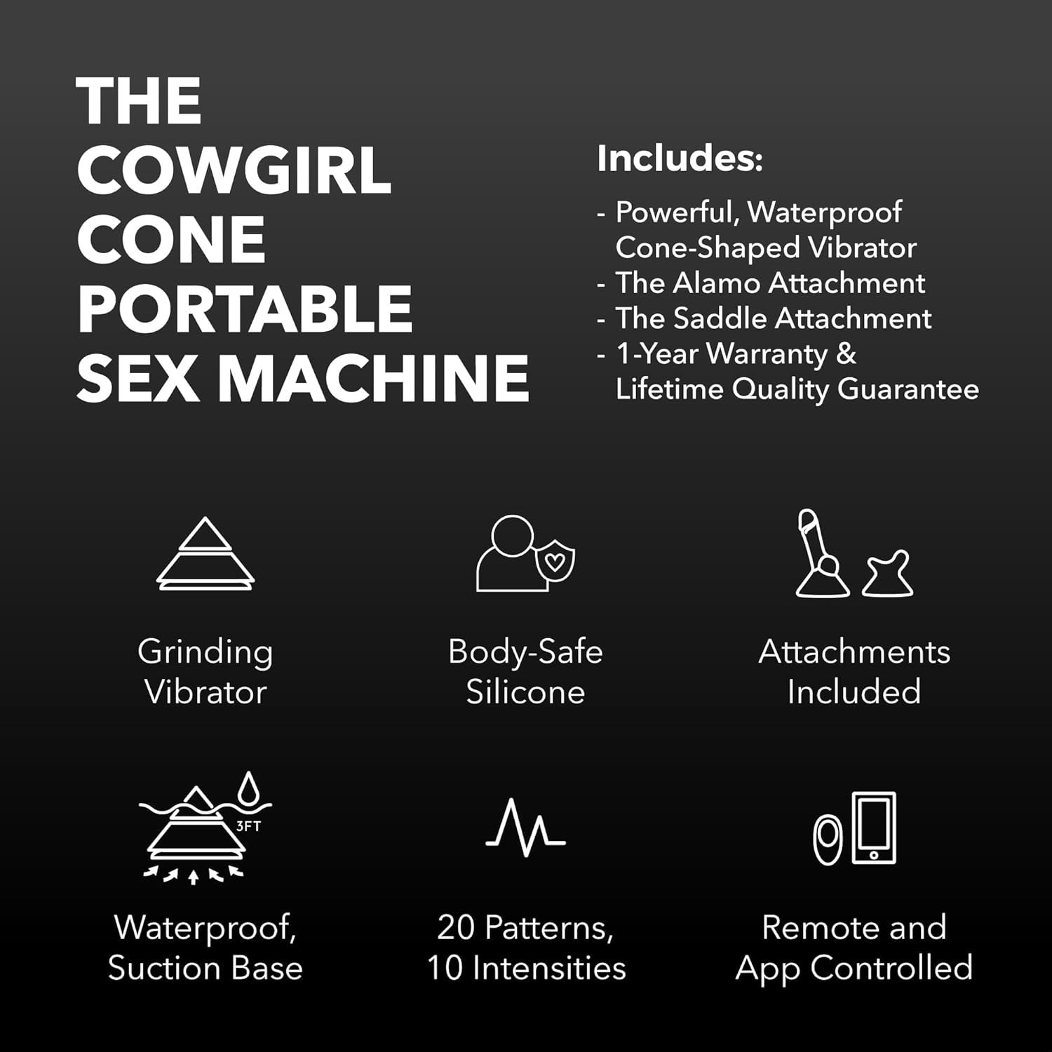 The Cowgirl Cone Vibrator Sex Machine Remote or App Control with 2 Attachments, Rechargable, Waterproof, Vibrator Adult Toys - Image 7