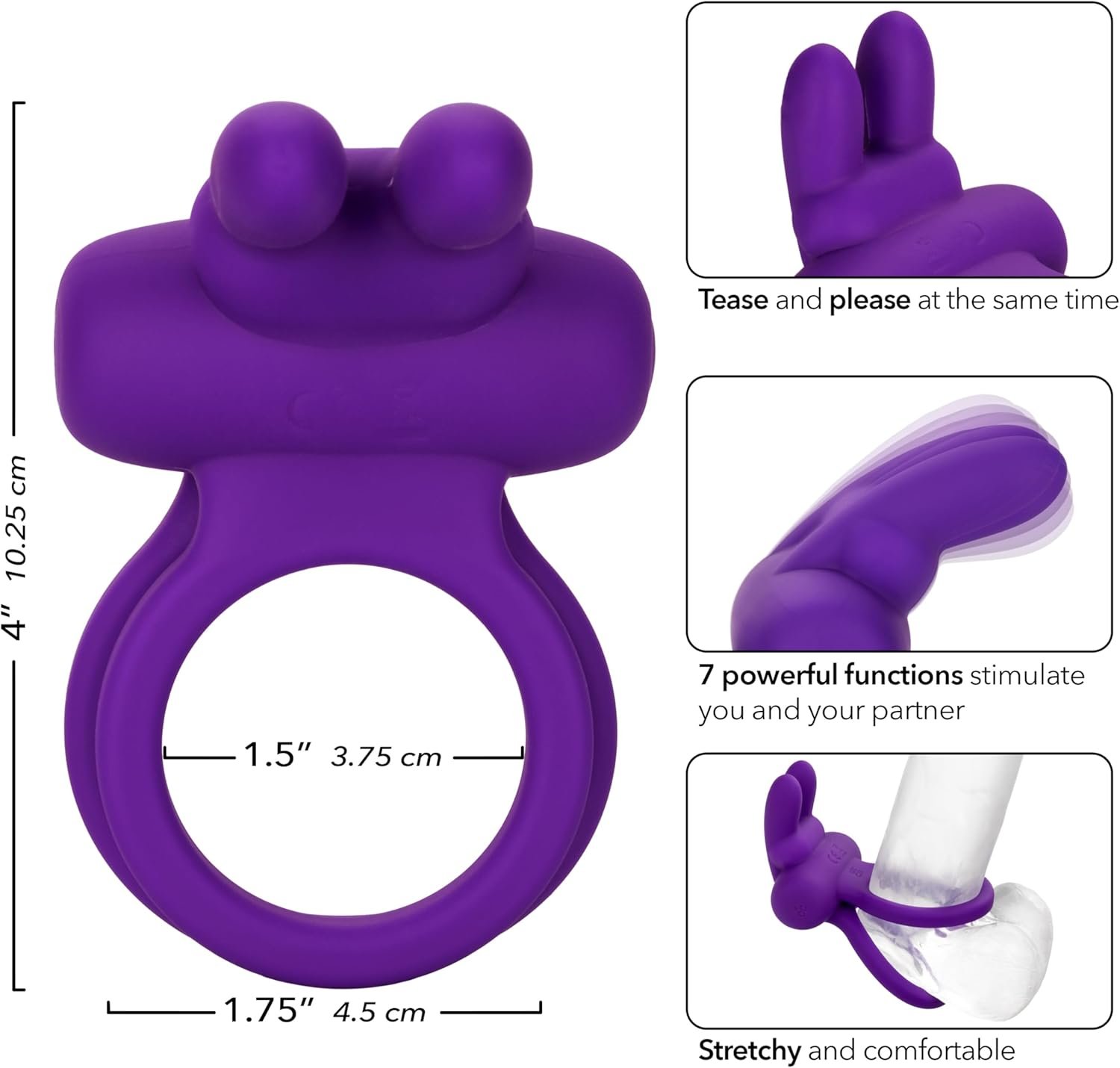 CalExotics Silicone Rechargeable Dual Rockin’ Rabbit Enhancer, Vibrating Cock Ring for Couple Adult Sex Toy Purple - Image 7