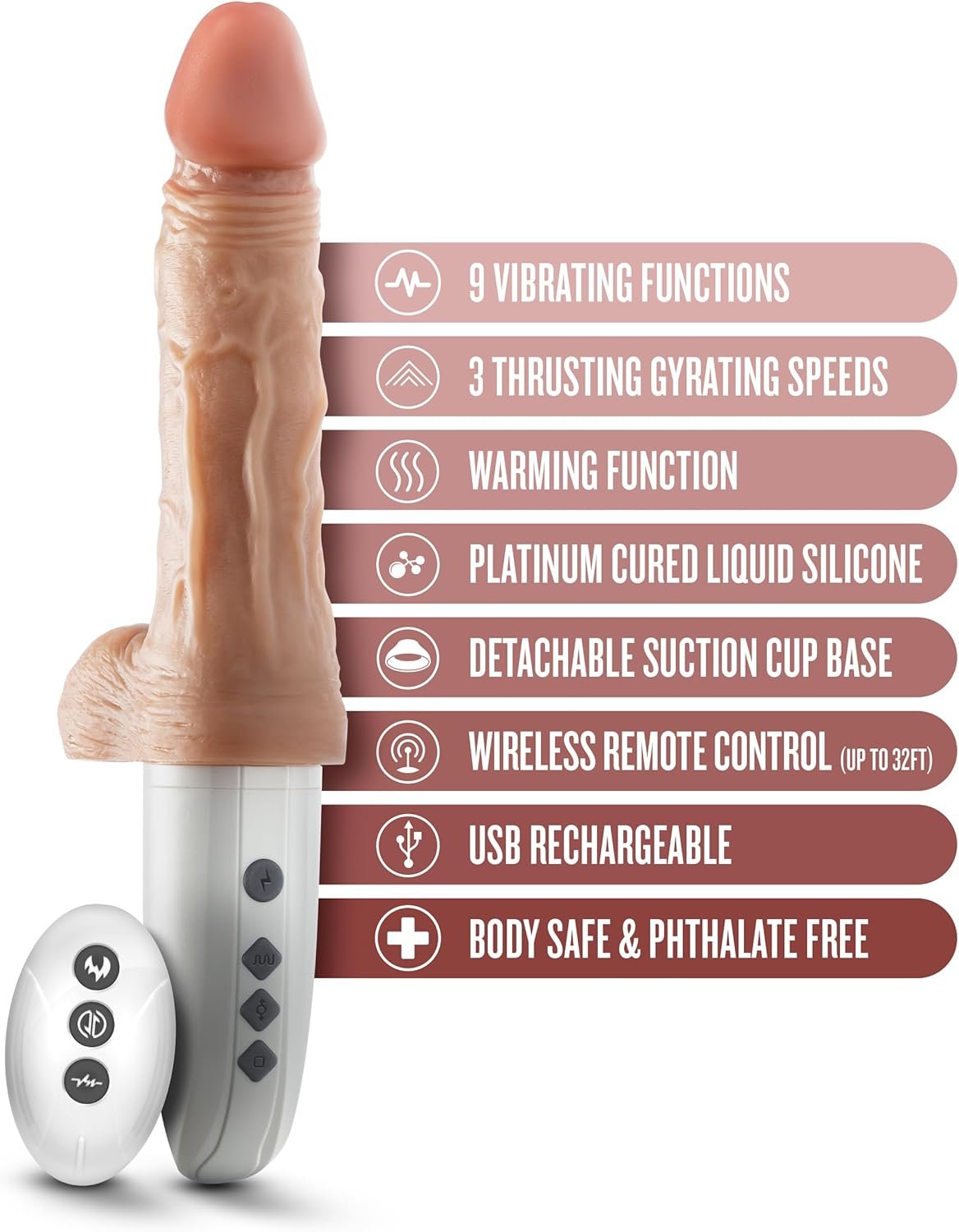 Blush Dr. Skin - Dr. Hammer 7” Vibrating & Thrusting Dildo - 9 Modes, 3 Speeds, Remote Controlled, Warming Liquid Silicone, Suction Cup Base, USB Rechargeable, Realistic Adult Sex Toy Penis - (Beige) - Image 8