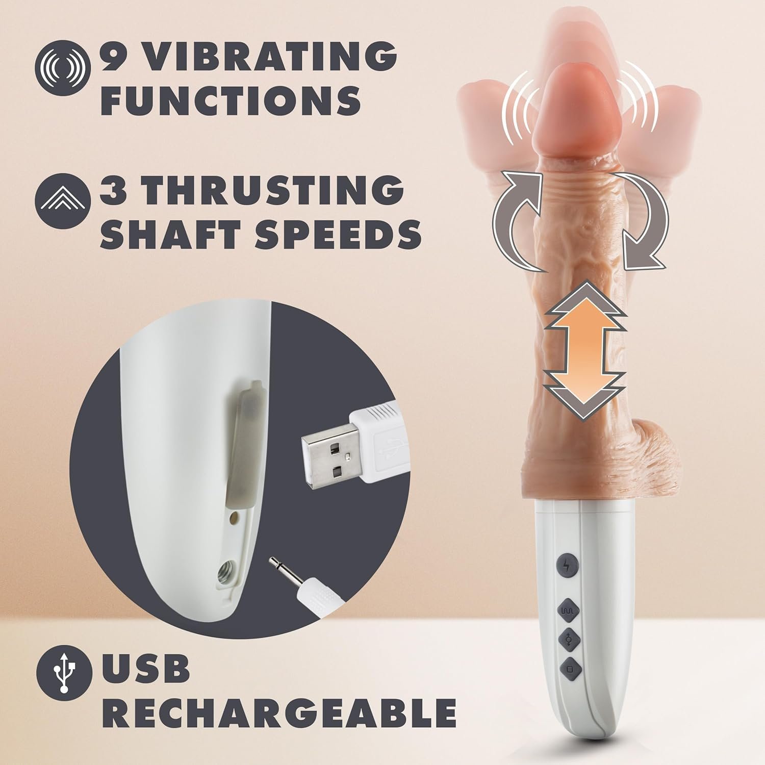 Blush Dr. Skin - Dr. Hammer 7” Vibrating & Thrusting Dildo - 9 Modes, 3 Speeds, Remote Controlled, Warming Liquid Silicone, Suction Cup Base, USB Rechargeable, Realistic Adult Sex Toy Penis - (Beige) - Image 6