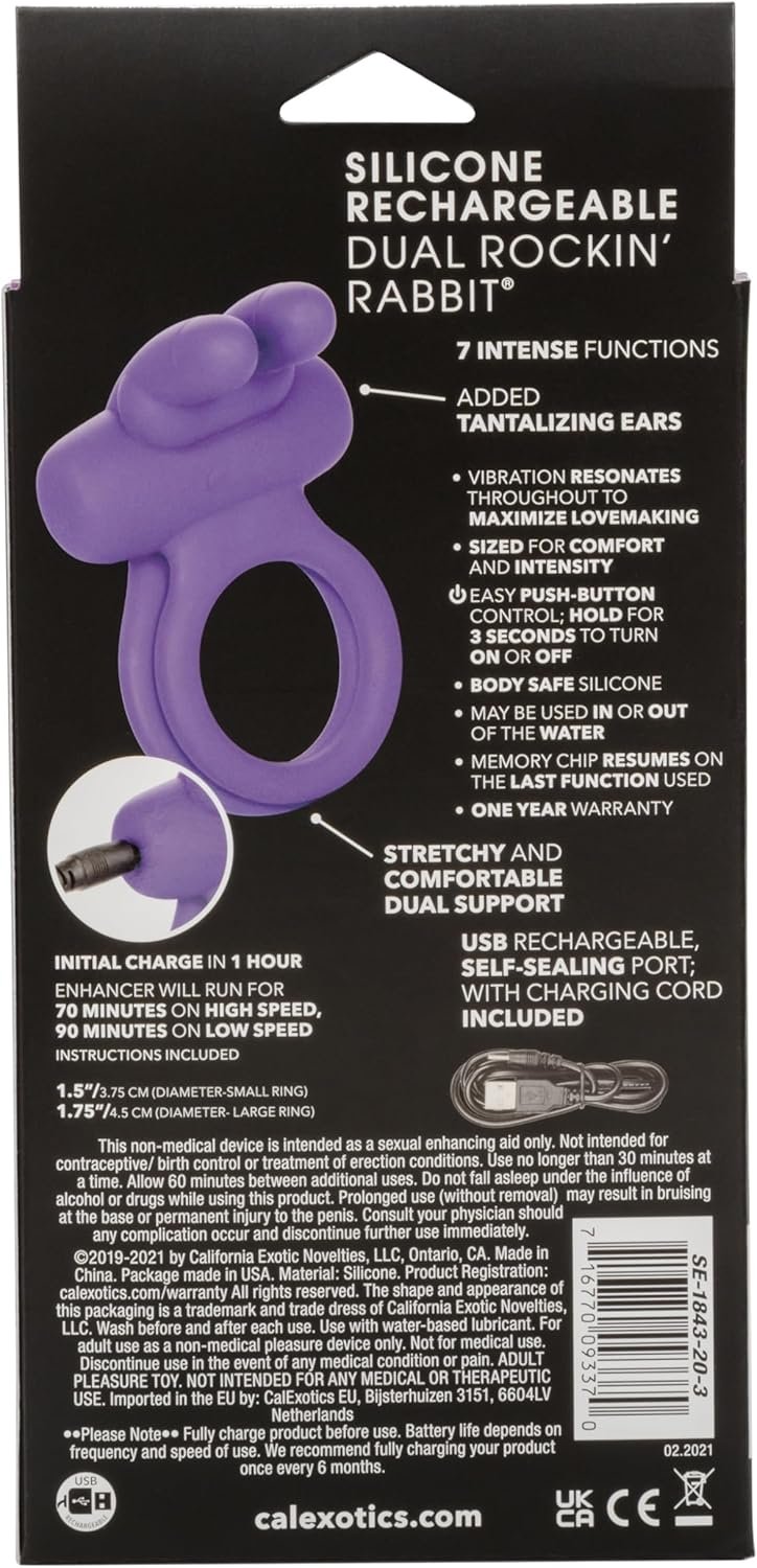 CalExotics Silicone Rechargeable Dual Rockin’ Rabbit Enhancer, Vibrating Cock Ring for Couple Adult Sex Toy Purple - Image 3